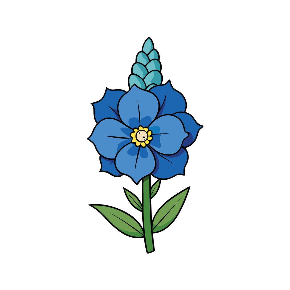 Stylized blue flower with green leaves illustration on white vector
