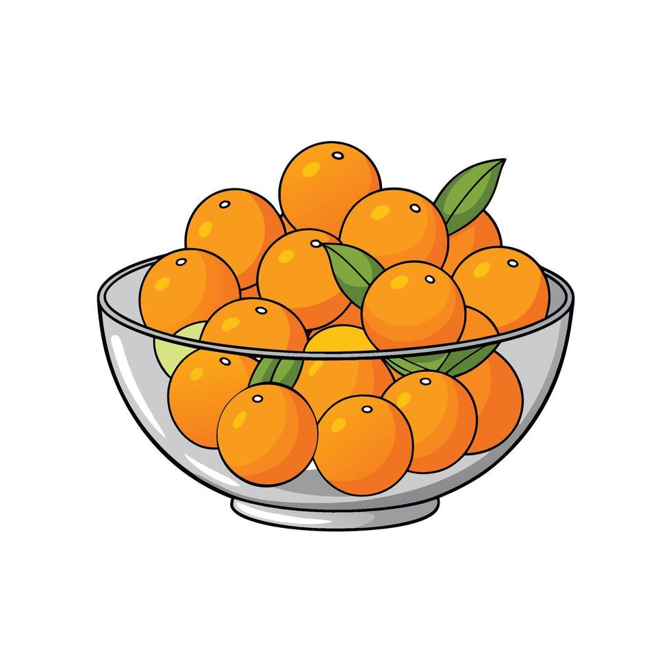 Bowl of fresh oranges with green leaves illustration vector