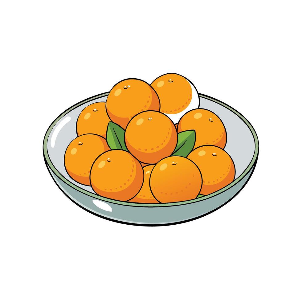 Bowl full of oranges with green leaves illustration vector