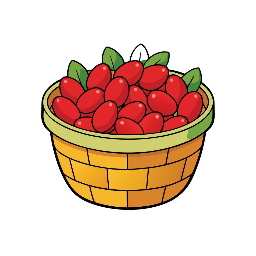 Basket of goji berries with leaves cartoon illustration vector