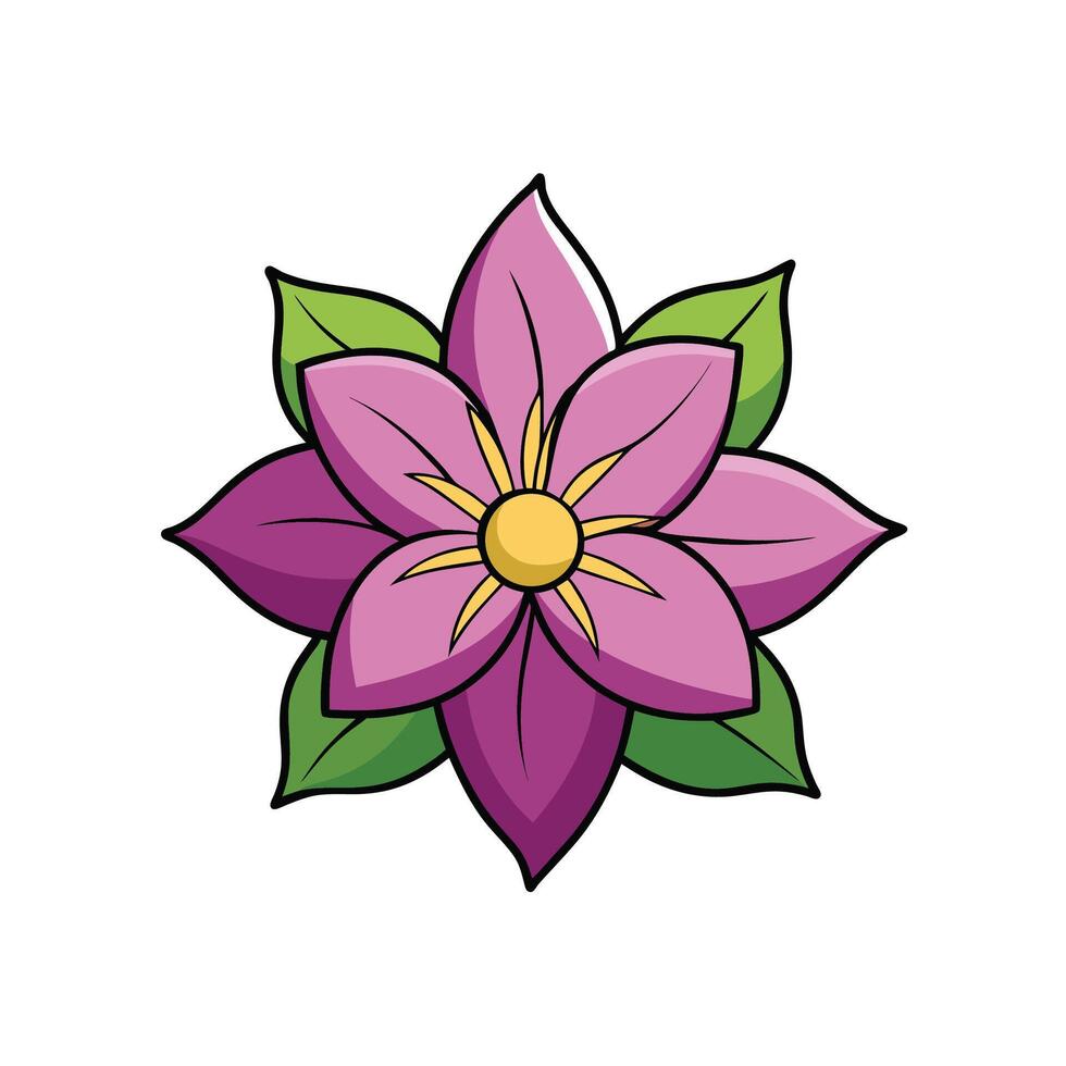 Illustrated Purple Flower with Green Leaves and Yellow Center vector