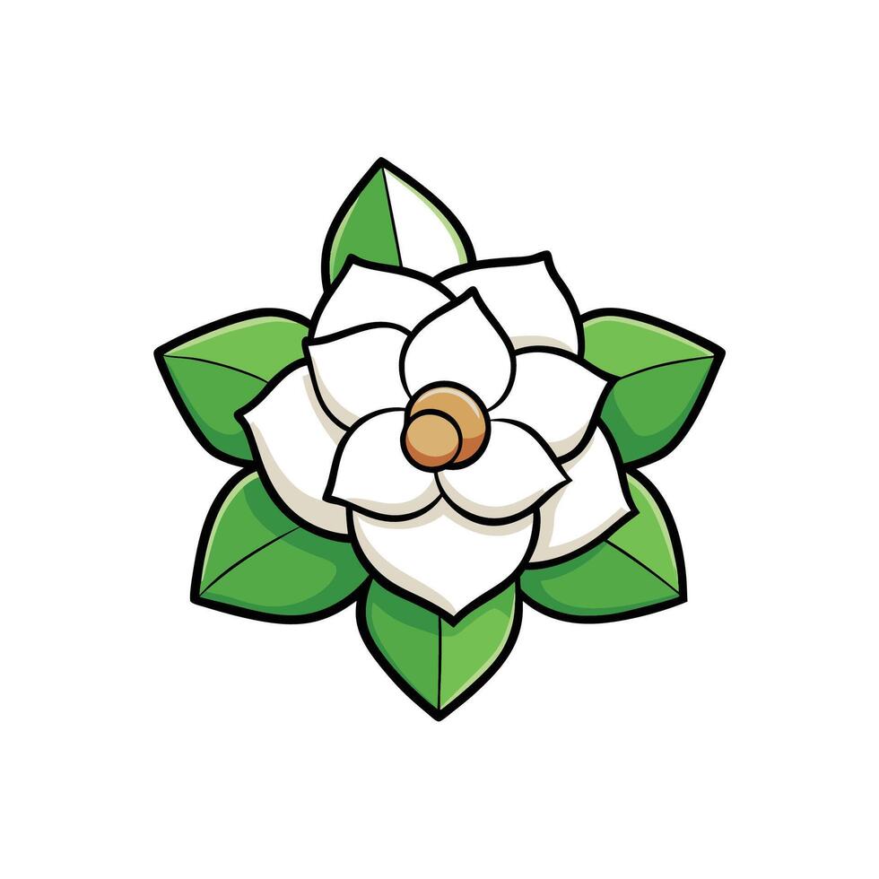 White flower with green leaves illustration on white background vector