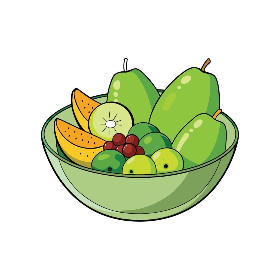 Bowl of assorted fruits in cartoon illustration vector