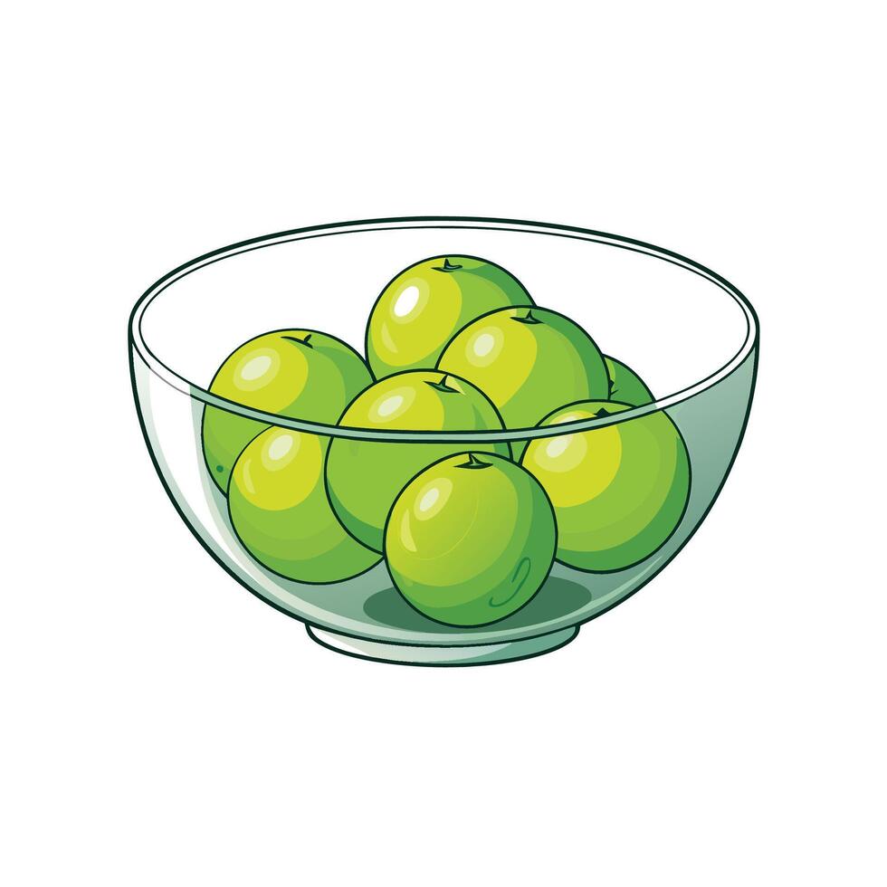 Green apples in a clear bowl, fresh fruit display vector