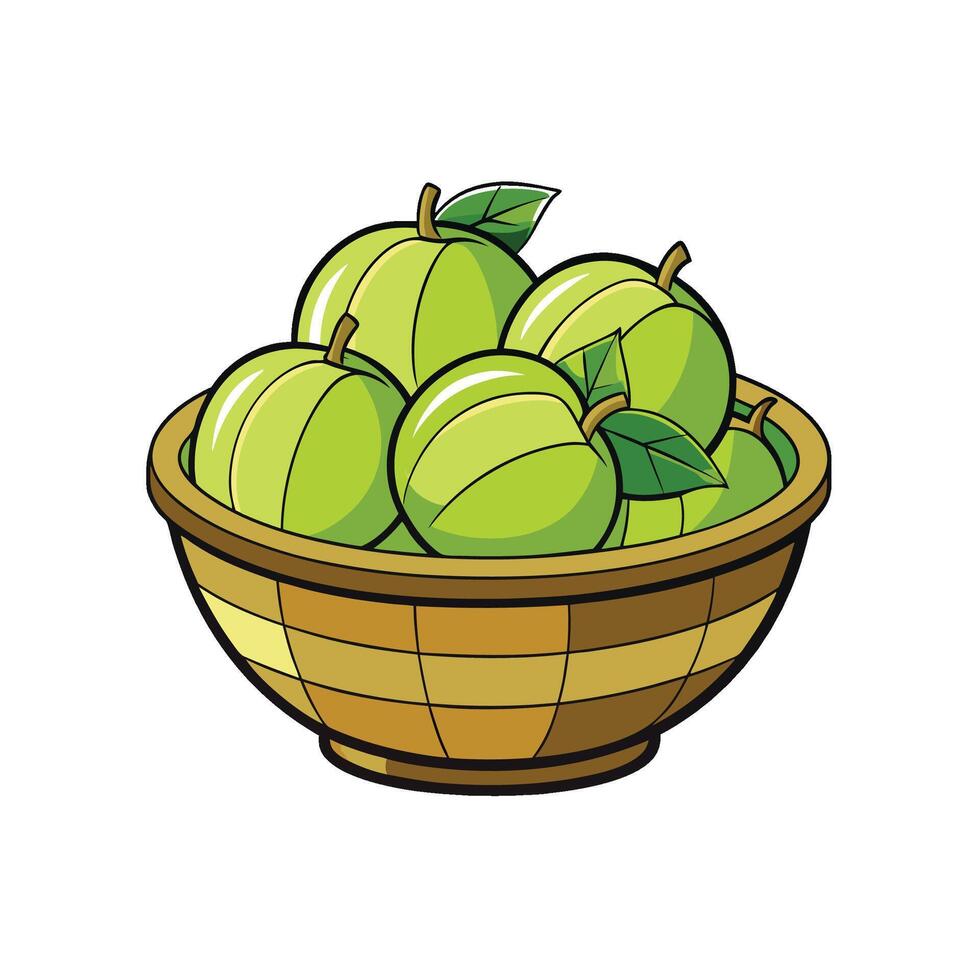 Cartoon bowl filled with fresh green apples and leaves vector