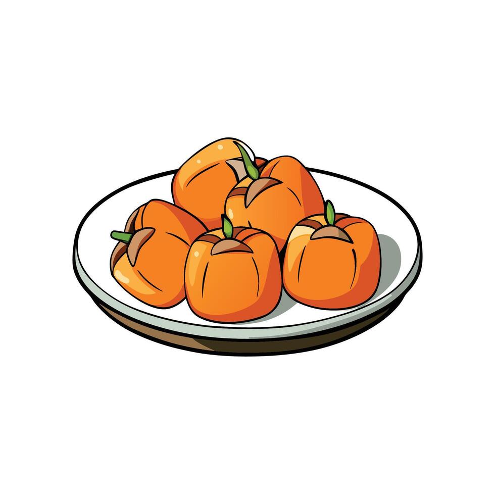 Pile of persimmons on plate with black outline illustration vector