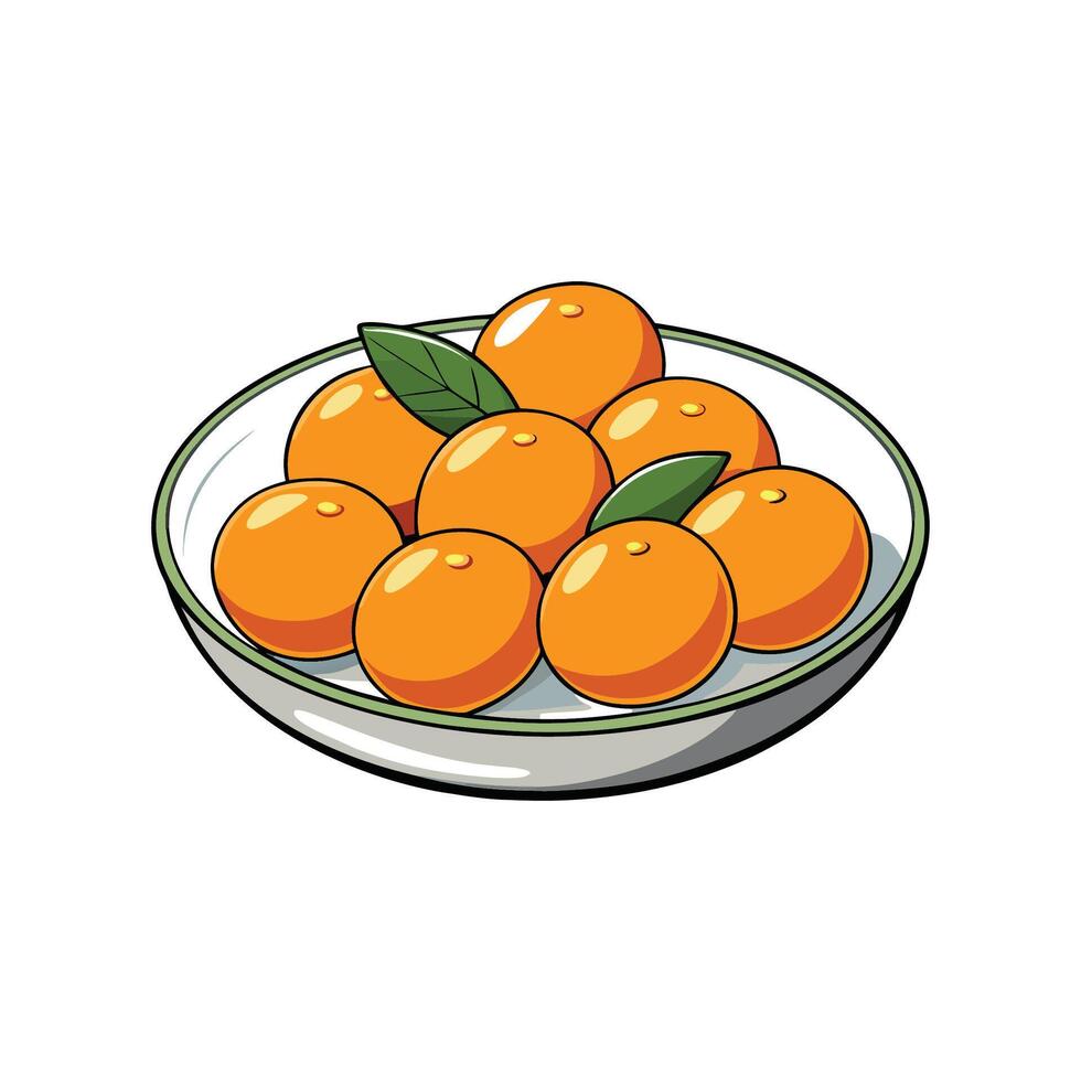 Vibrant oranges arranged on a white plate with leaves vector
