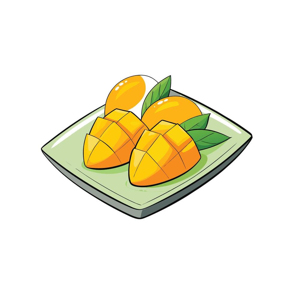 Stylized mango chunks and halves on a square plate vector