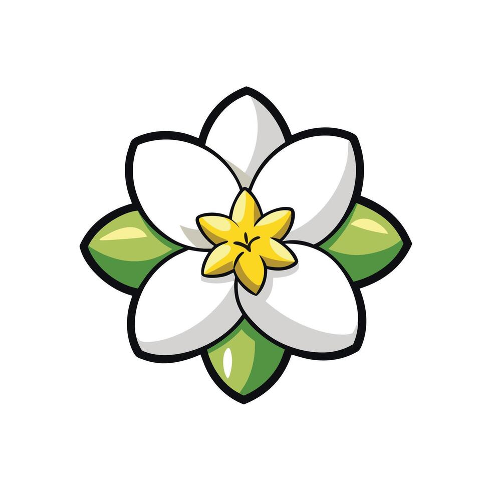 Stylized white flower with yellow center and green leaves vector