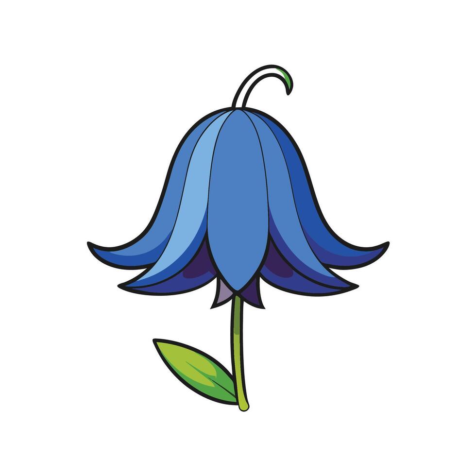 Cartoon bluebell flower illustration, single stem with leaf vector