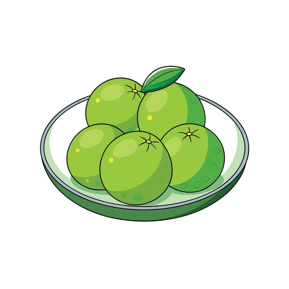 Green oranges in a dish with one leaf vector