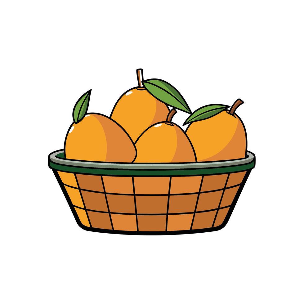 Illustration of basket filled with ripe mangoes and leaves vector