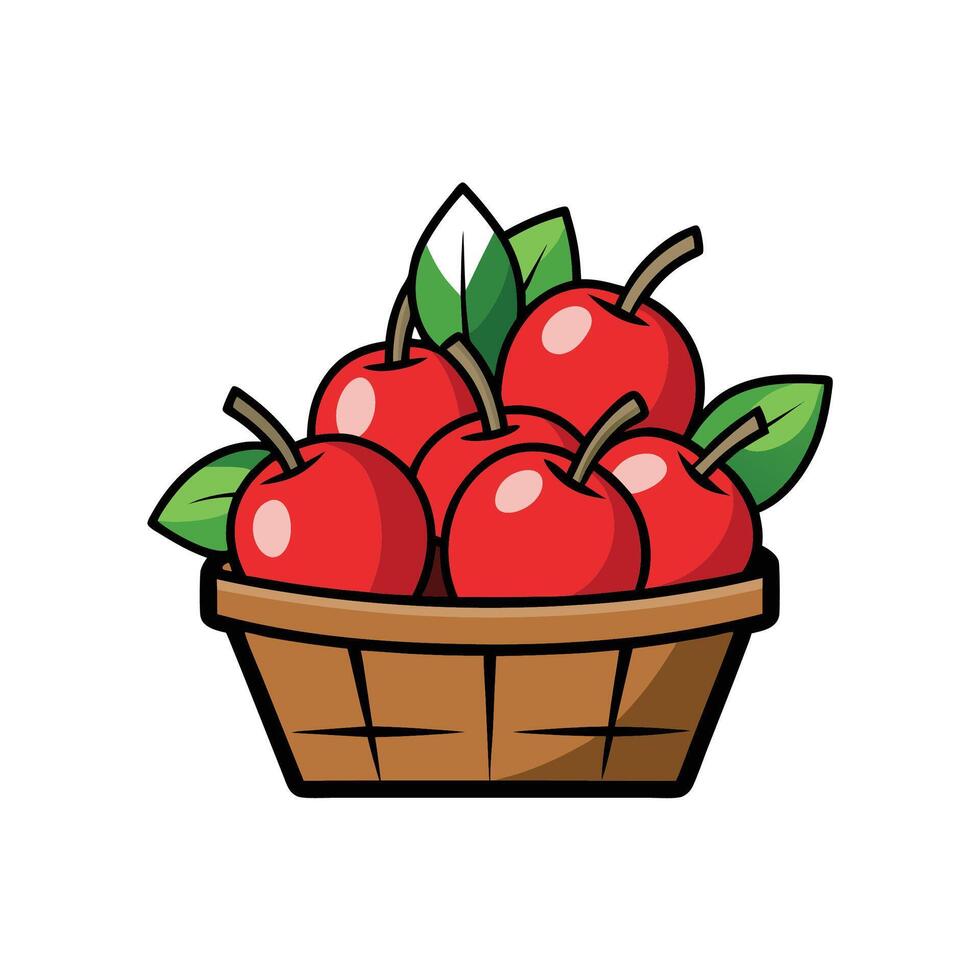 Basket filled with red apples and green leaves cartoon vector