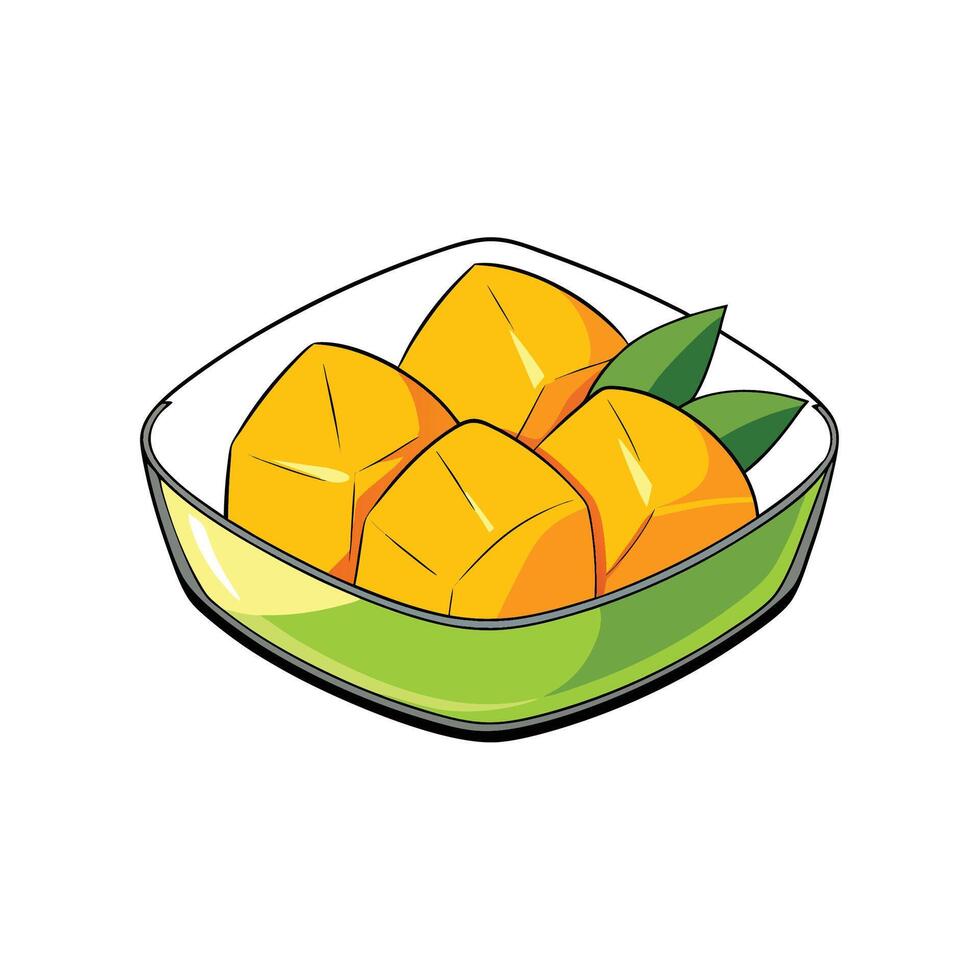 Bowl of Mango Chunks with Green Leaves Illustration vector