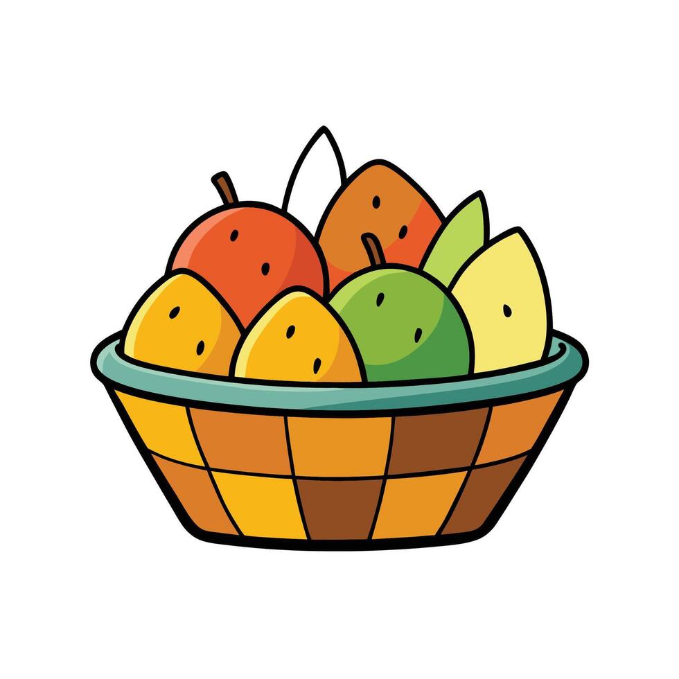 Cartoon illustration of a basket full of various fruits vector