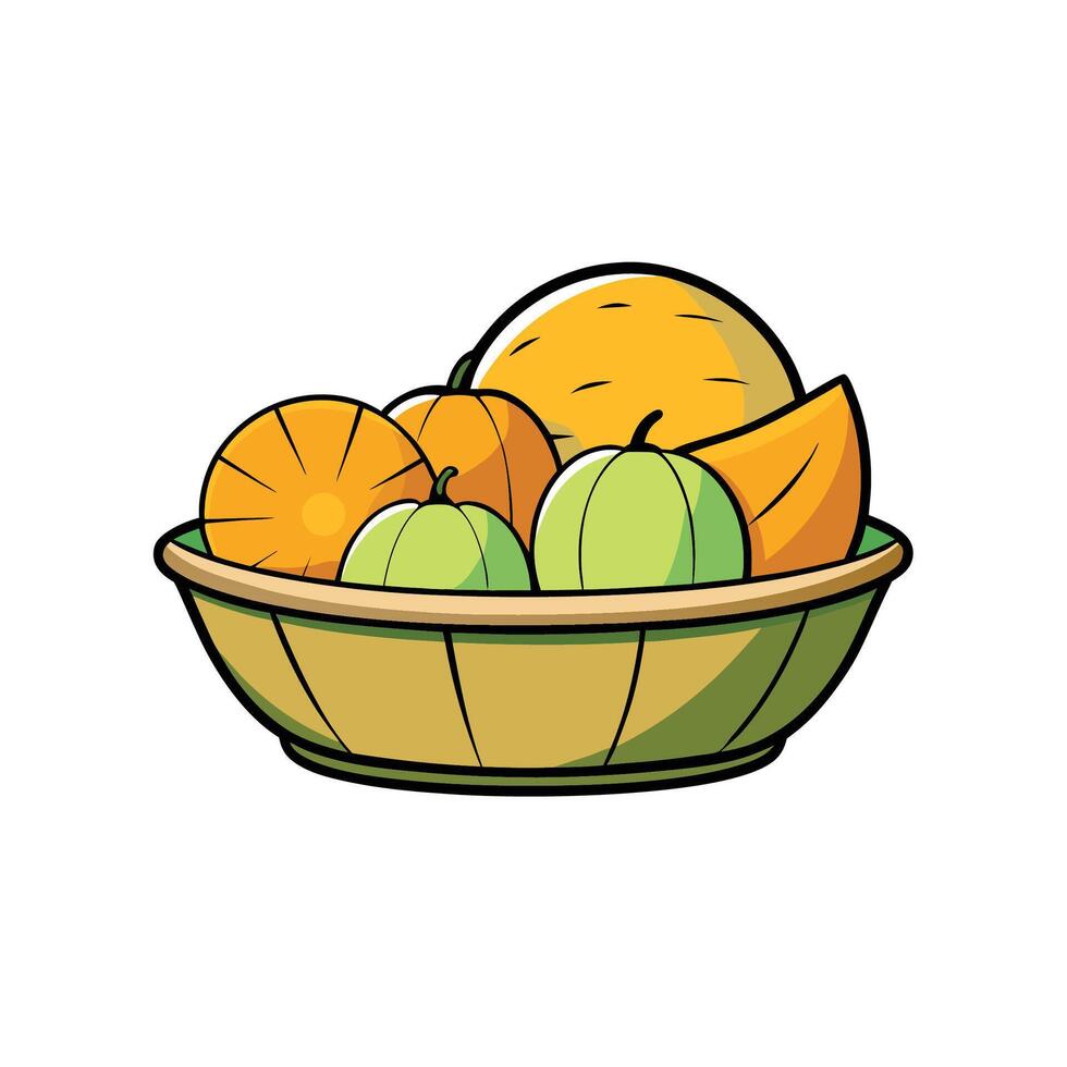 Cartoon style basket brimming with diverse orange and green fruits vector