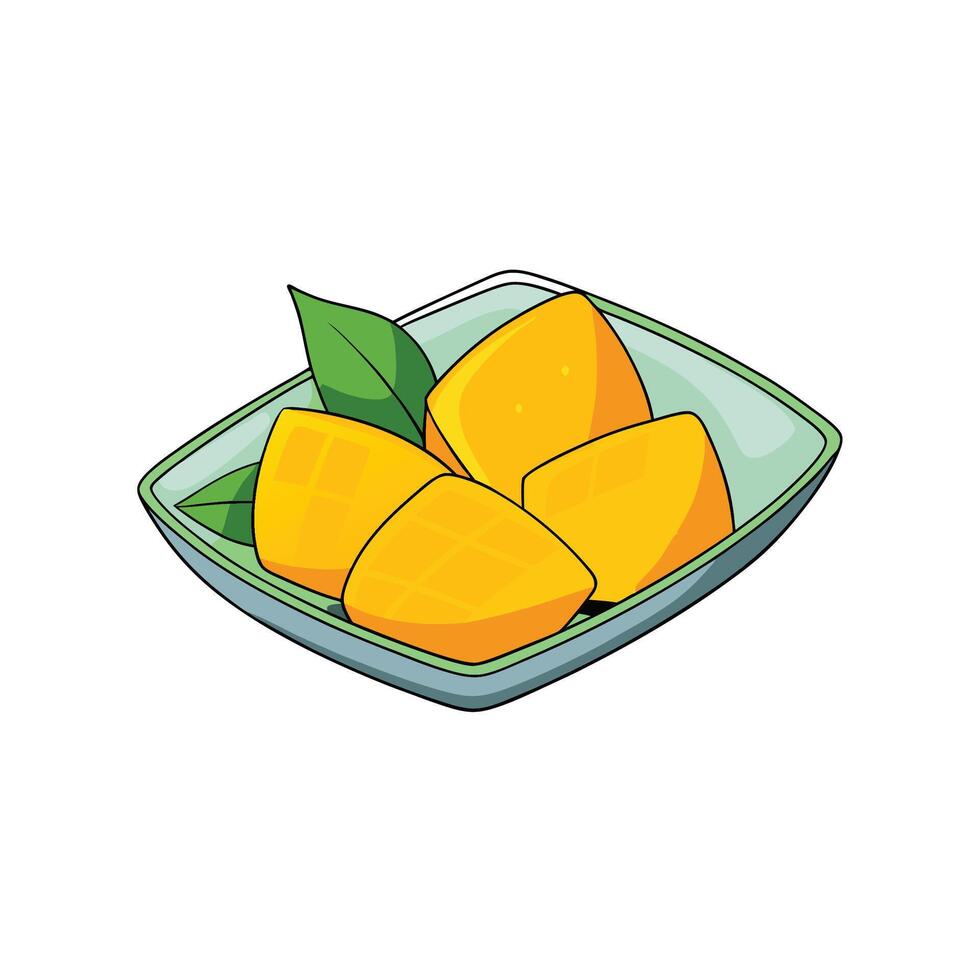 Cartoon mango chunks with leaves on an aqua plate vector
