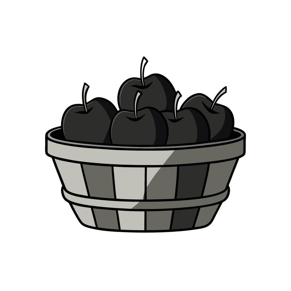 Basket of black apples with bold cartoon outlines vector