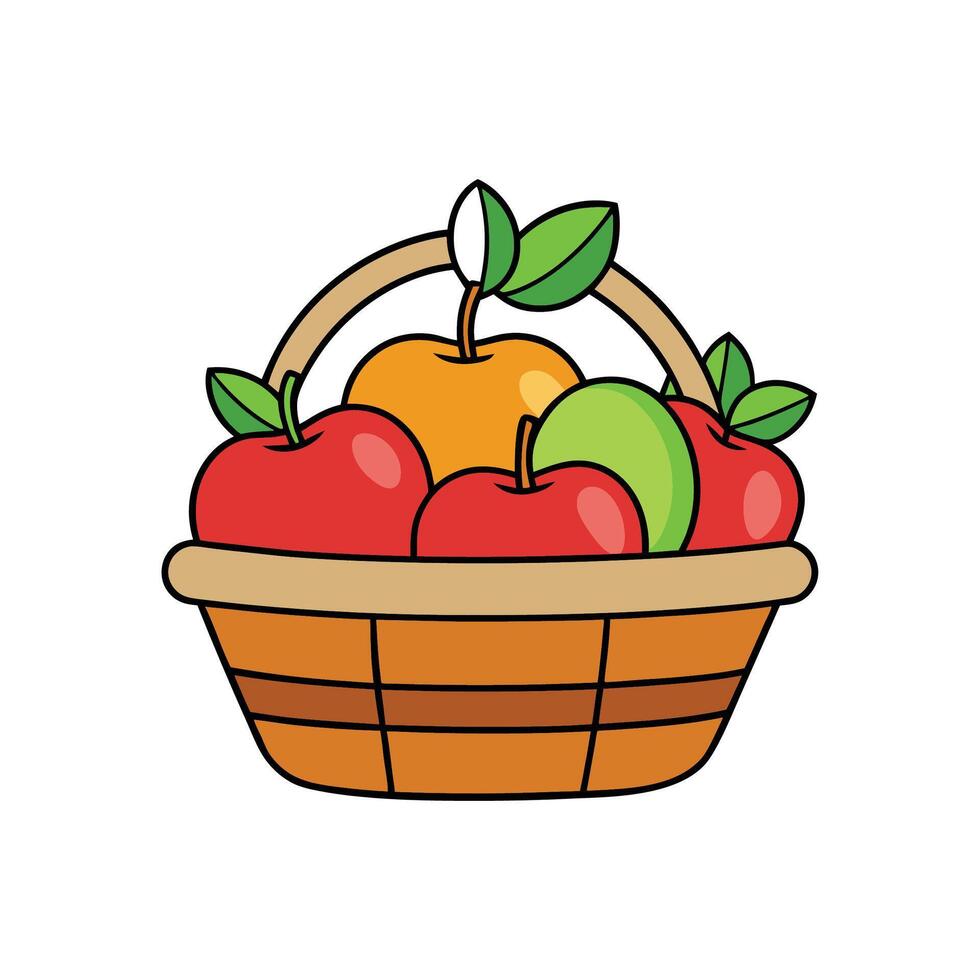 Basket overflowing with fresh colorful apples and green leaves vector