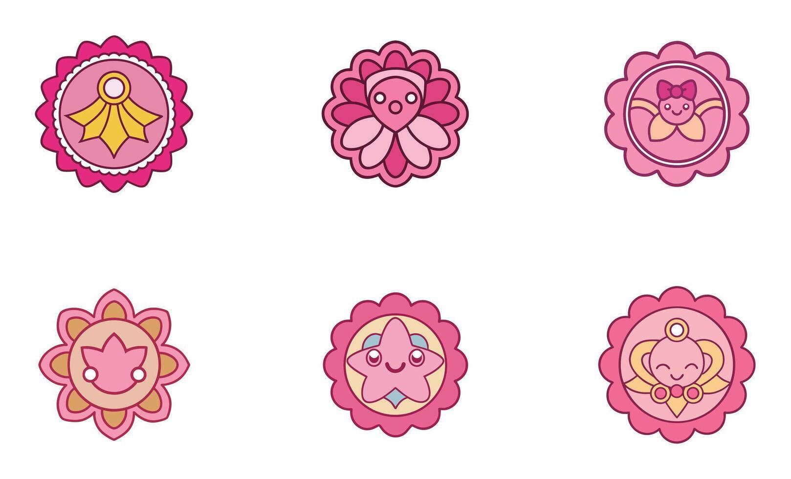Six Cute Pink Flower Badges Kawaii Characters Design vector