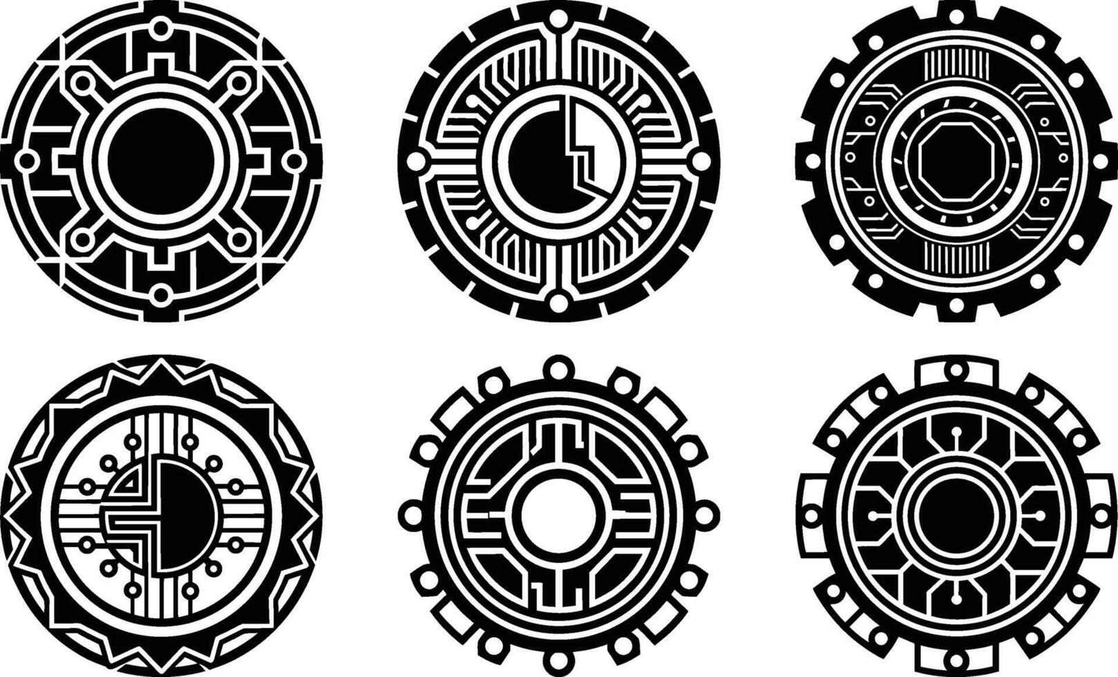 Six Circular Tech Designs Black and White Geometric Patterns vector