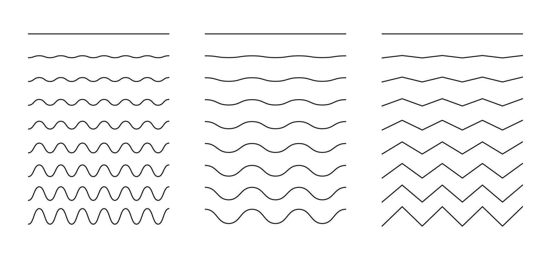 Wavy, curvy flat lines. Undulate black borders, transverse horizontal lines elements. Sine, fluid, air, wind signs. Water, river, lake, sea, ocean symbols. Outline graphic. vector