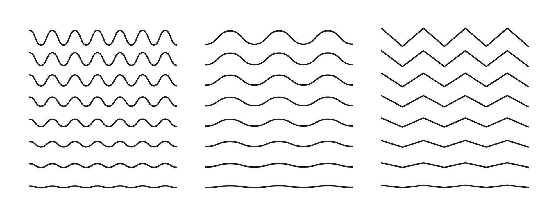 Wavy, curvy black lines. Sine, fluid, air, wind sign. Undulate borders, transverse horizontal thin lines. Water, river, lake, sea, ocean symbols. Outline graphic illustration on white background. vector