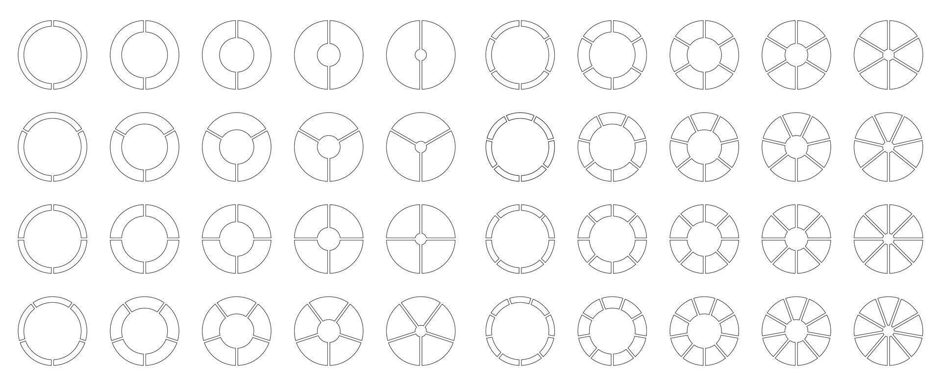 Circle division from 2 to 9 equal parts. Segmented diagrams. Coaching empty blank. Pie chart icons. Infographics set. Wheel round divided. Section graph black charts. vector