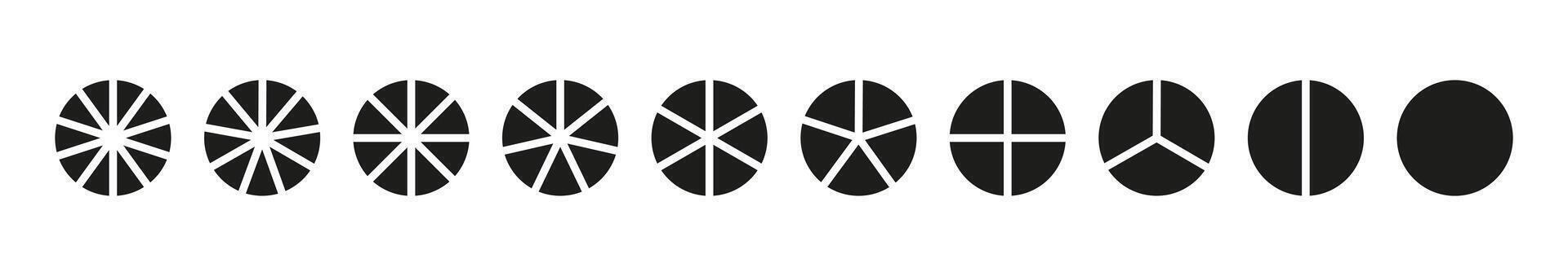 Set of pie charts. Circle division on from 1 to 10 equal parts. Segmented black charts. Many number of sectors divide the circle. Segments infographic. Diagram wheel parts. vector