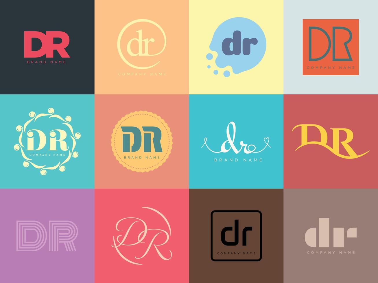 DR logo template. Letter d and r logotype. Set different classic serif lettering and modern bold text with design elements. Initial font typography. vector