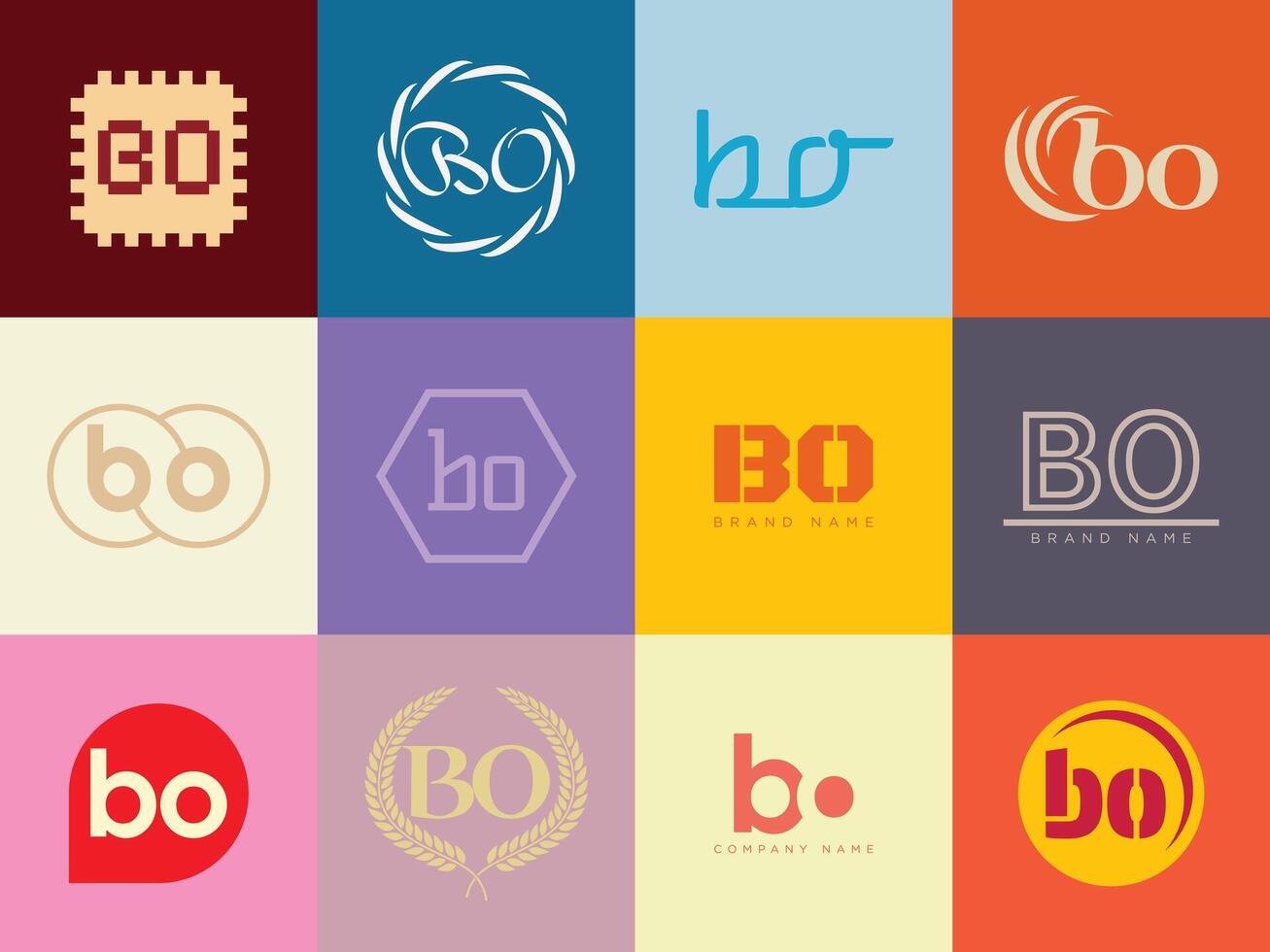 BO logo company template. Letter b and o logotype. Set different classic serif lettering and modern bold text with design elements. Initial font typography. vector