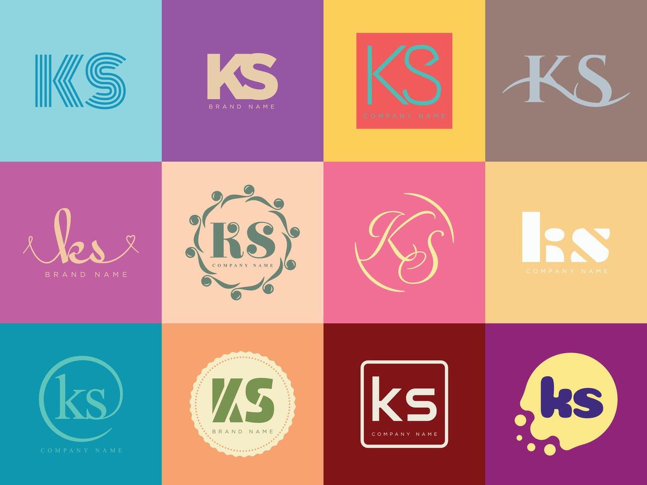 KS logo template. Letter k and s logotype. Set different classic serif lettering and modern bold text with design elements. Initial font typography. vector
