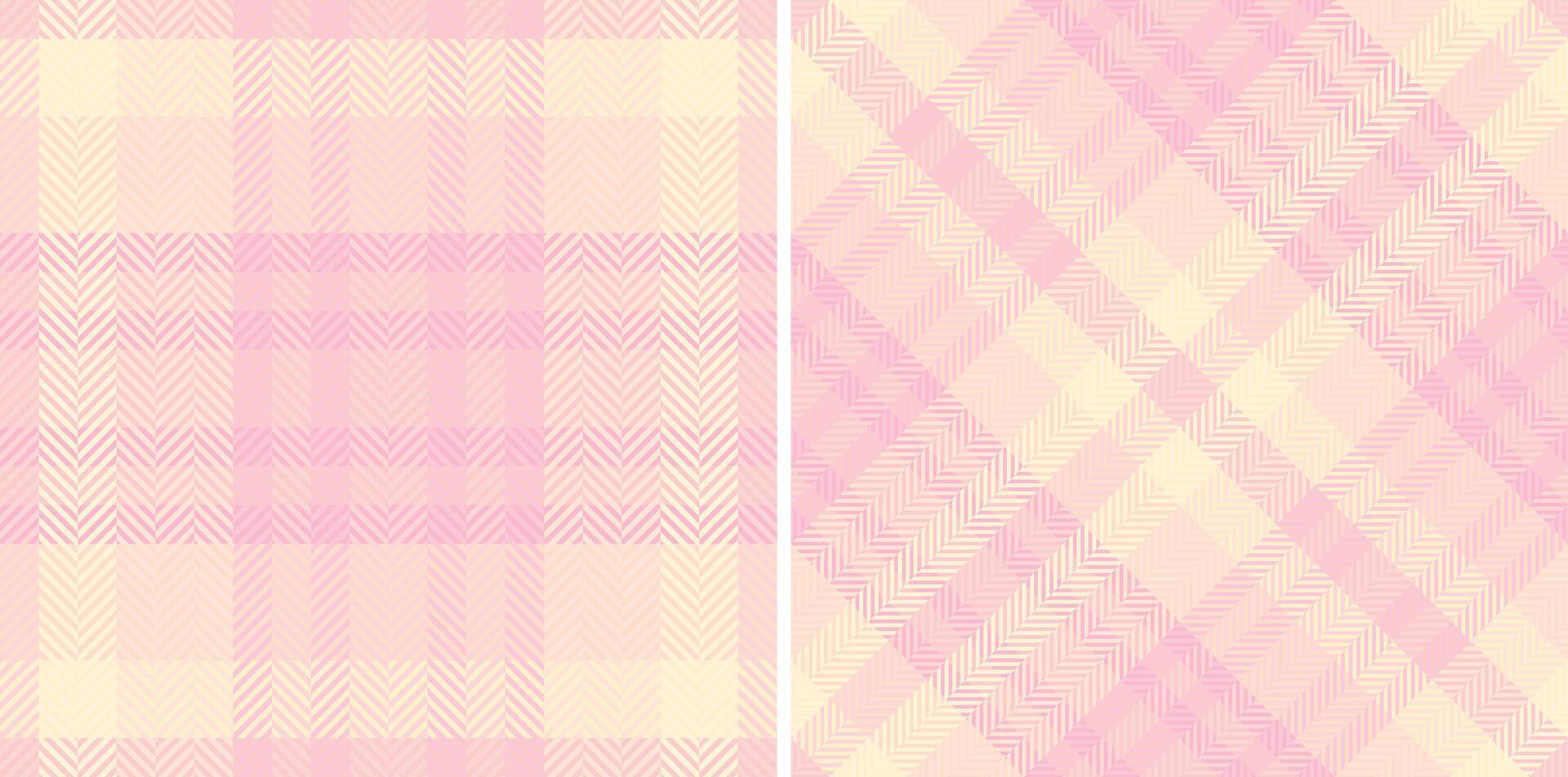 Pastel pink and yellow plaid and herringbone seamless patterns. Perfect for textile design, fashion, branding, or website backgrounds. Subtle texture adds visual interest. vector