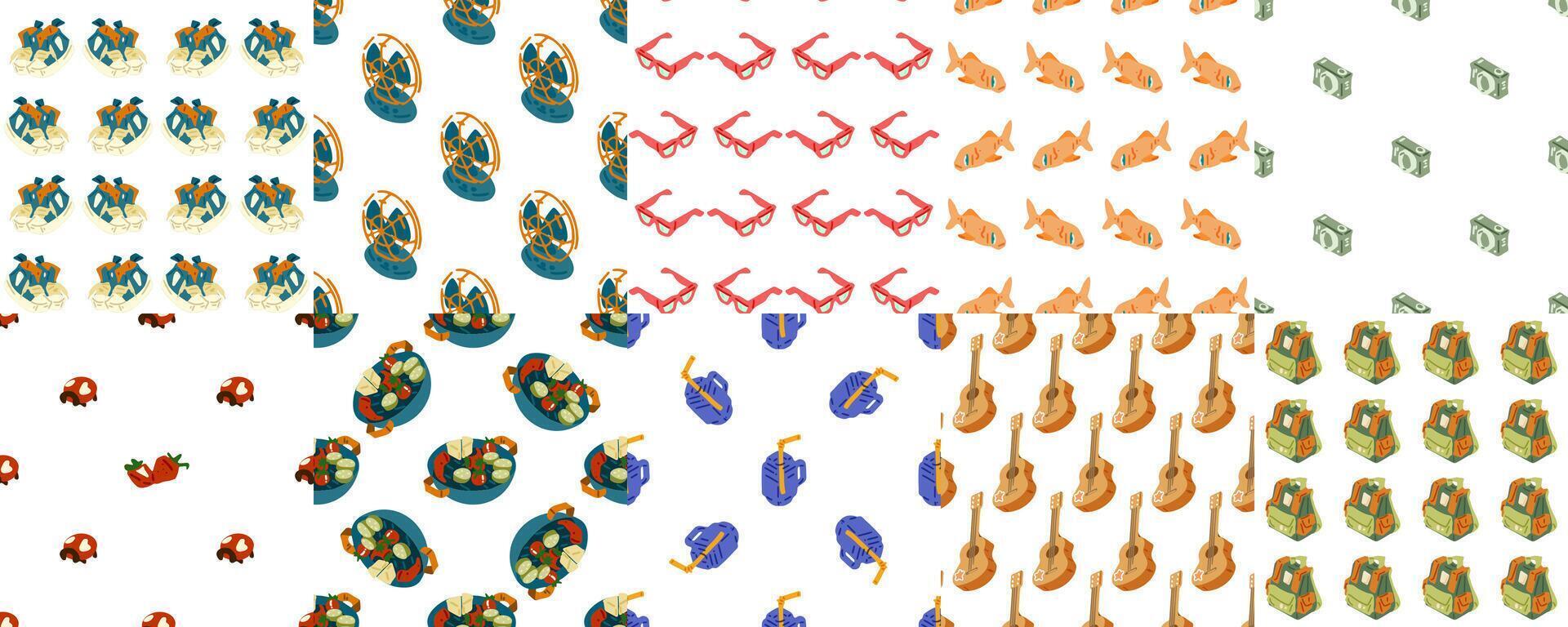 Summer Seamless Cartoon Pattern Pack. Set of 10 seamless summer-themed patterns in flat cartoon style. Includes guitars, backpacks, sunglasses, salad bowls, strawberries, swimsuits, and travel gear. vector