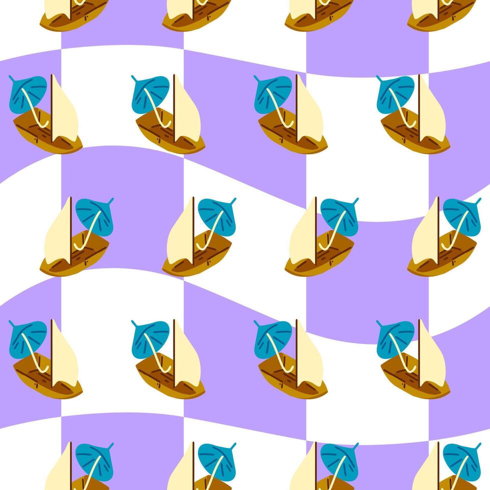 Sailboat Seamless Pattern with Waves vector