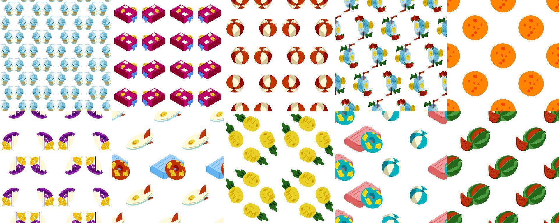 Seamless Sea Summer Pattern Collection. Set of 10 seamless patterns on the sea travel theme. Includes beach balls, pineapples, luggage, ice cream, drinks, fruits, and inflatable toys. vector