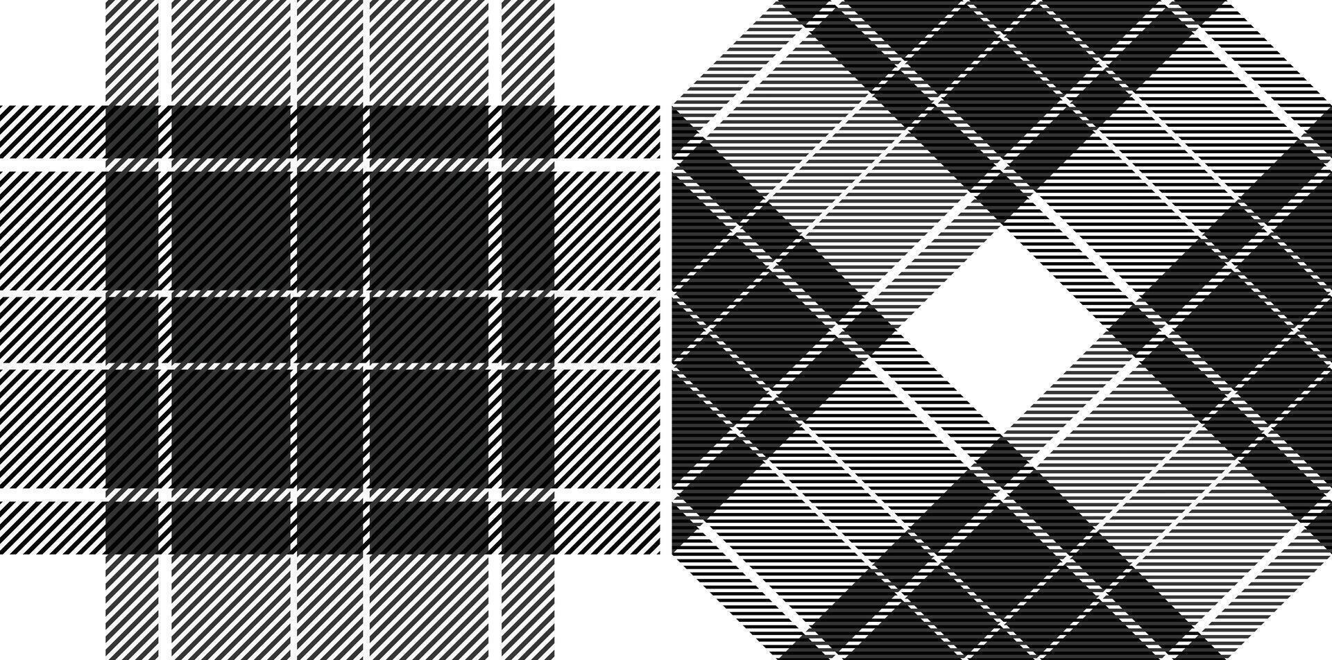Stylish black and white plaid patterns. Perfect for textile design, apparel, website backgrounds, or packaging. Versatile monochromatic textures offer a modern, classic feel. vector
