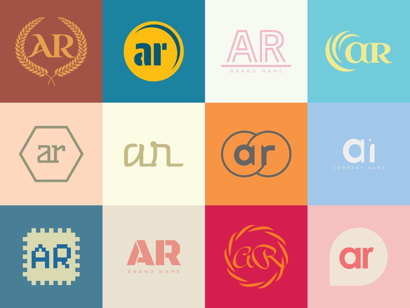 AR logo company template. Letter a and r logotype. Set different classic serif lettering and modern bold text with design elements. Initial typography. vector