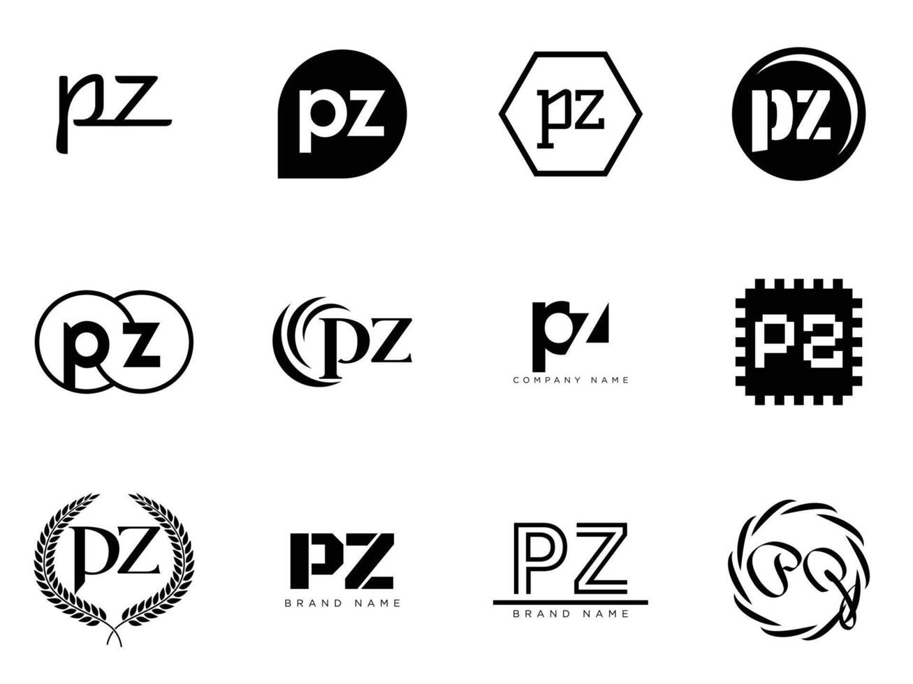 PZ logo template. Letter p and z logotype. Set different classic serif lettering and modern bold text with design elements. Initial font typography. vector