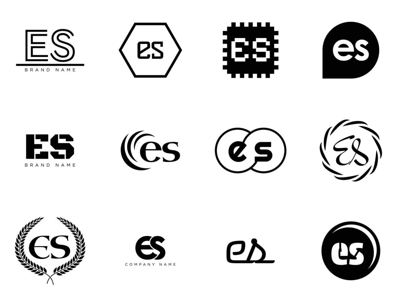 ES logo template. Letter e and s logotype. Set different classic serif lettering and modern bold text with design elements. Initial font typography. vector