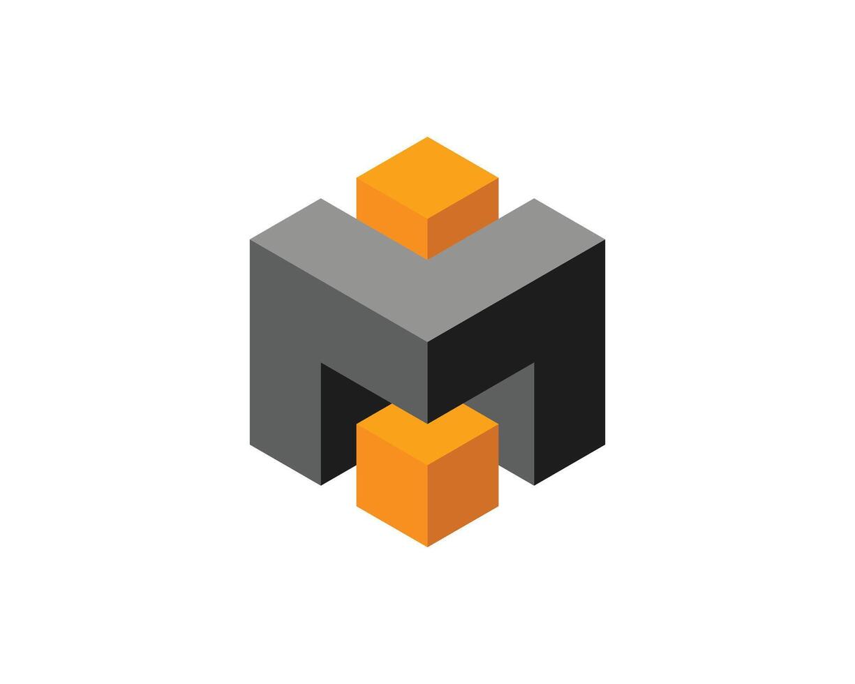 Abstract isometric 3D cube design. Gray and orange blocks interlock, symbolizing connection, collaboration, or innovation. vector