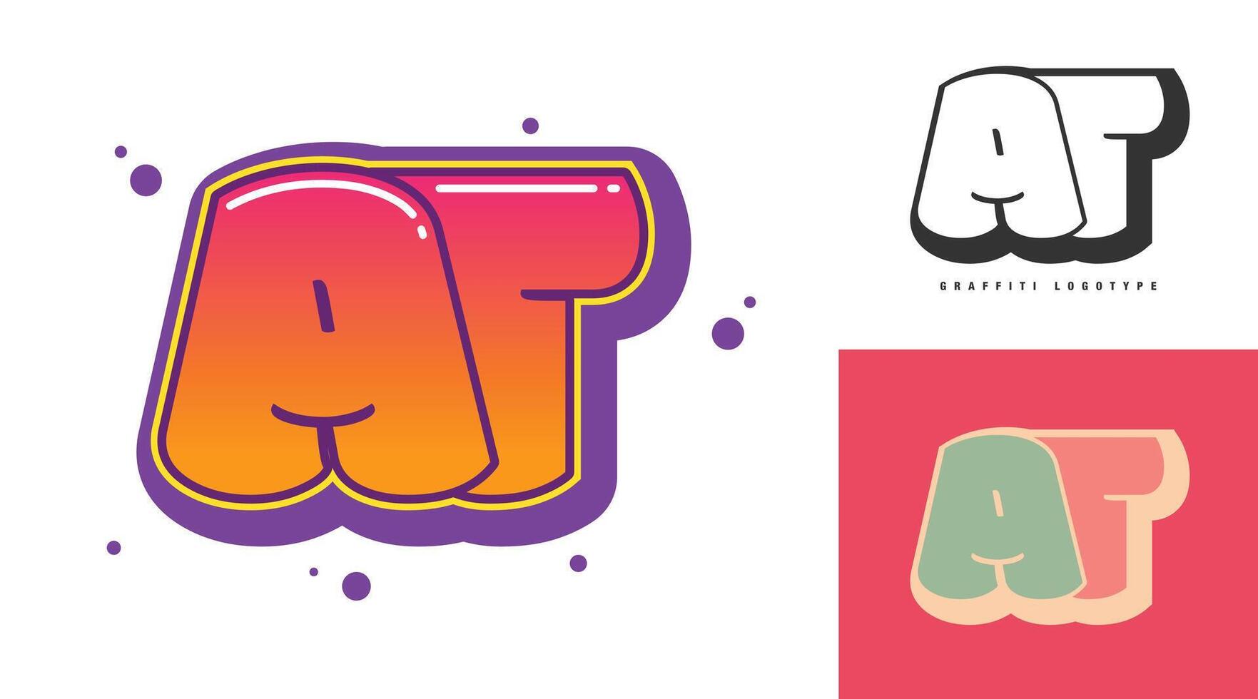 AT logo design for festival or party. Initial letter a and t in graffiti style. Creative modern lettering company name of font typography. Kids trendy logotype or identity. vector