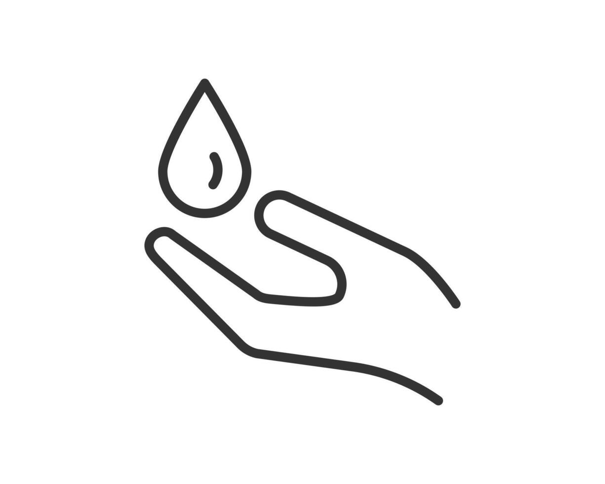 Minimalist icon of a hand receiving a falling drop. Symbolizes purity, cleansing, care, or donation. Ideal for hygiene, beauty, health, environmental projects. vector