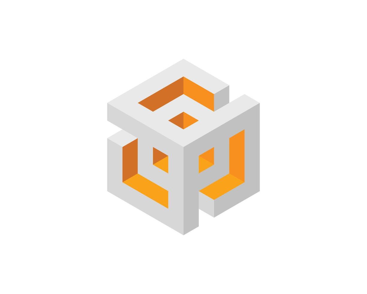 Abstract isometric cube design. Gray and orange geometric shapes create a modern, minimalist, and innovative visual. Perfect for tech, architecture, or corporate branding. vector