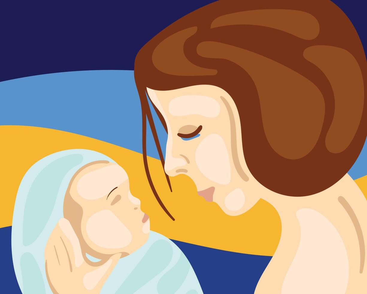 A stylized illustration depicts a mother gazing lovingly at her swaddled baby. Represents maternal love, care, and new beginnings. vector