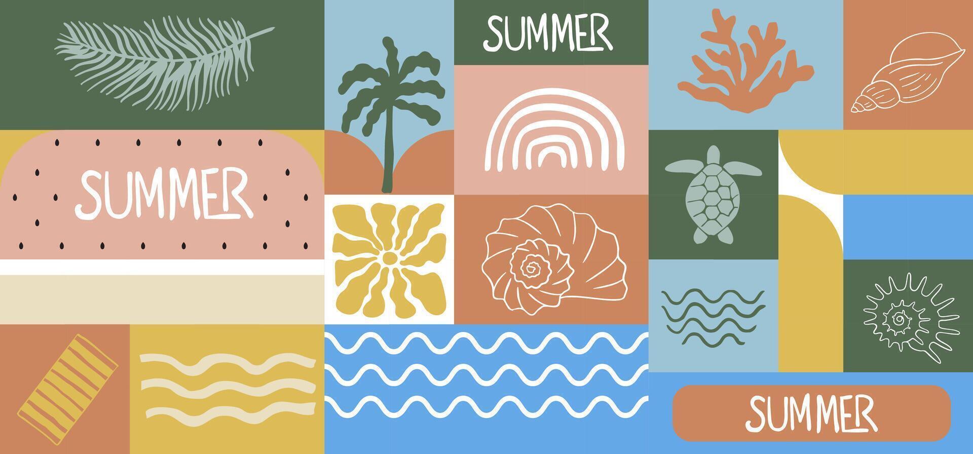 Summer geometric banner background with shell,turtle,rainbow. graphic for horizontal design vector