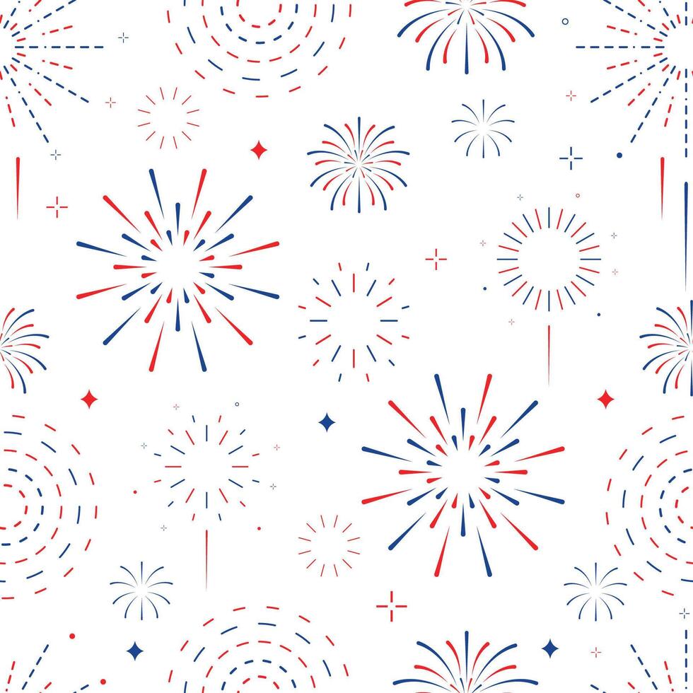 firework seamless pattern in night for fourth of July. Red and blue firecracker for 4th of July vector