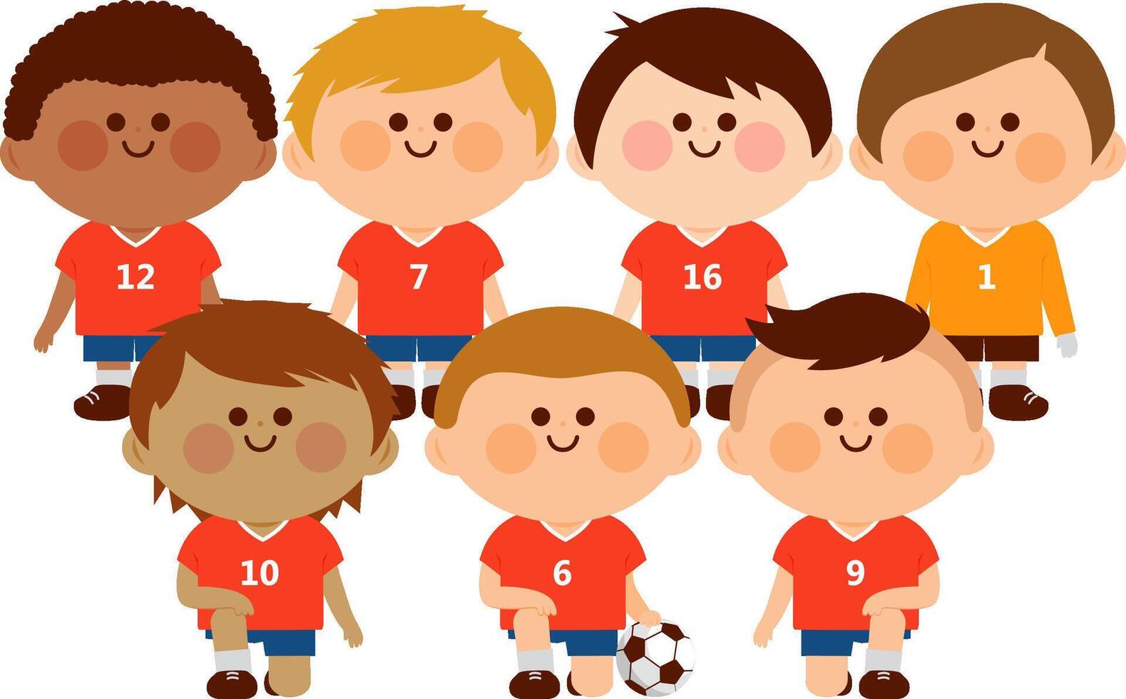 Boys soccer team. Happy kids athletes. Group of children soccer players with soccer uniforms. vector