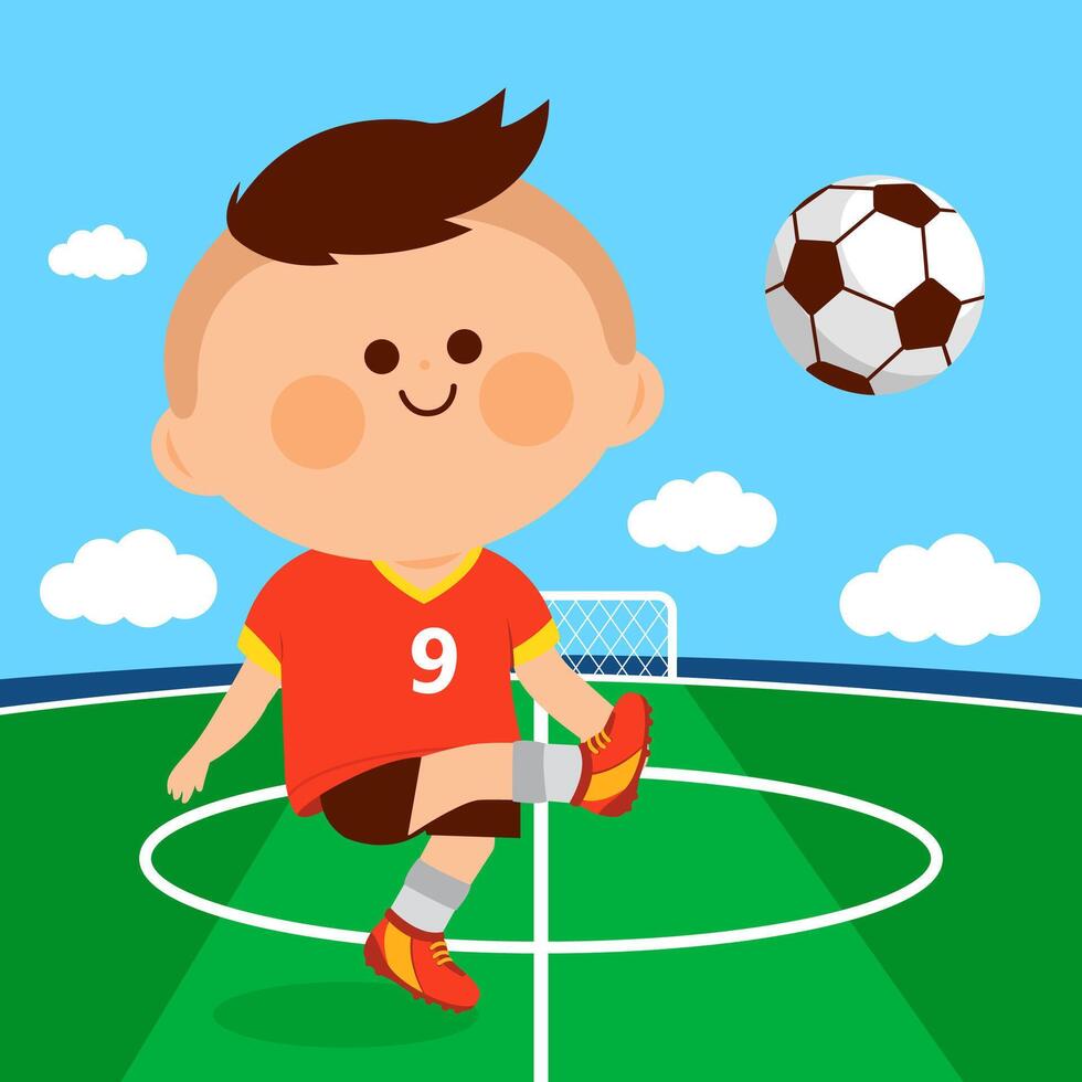 Little boy playing soccer. Child soccer ball athlete football player at the stadium. vector