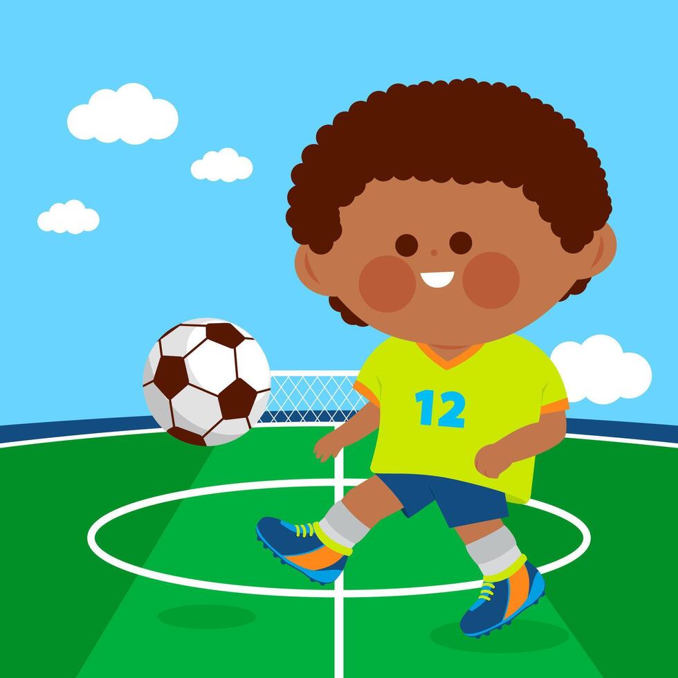 A happy black child plays football. Soccer player kid kicking a ball at the stadium. vector